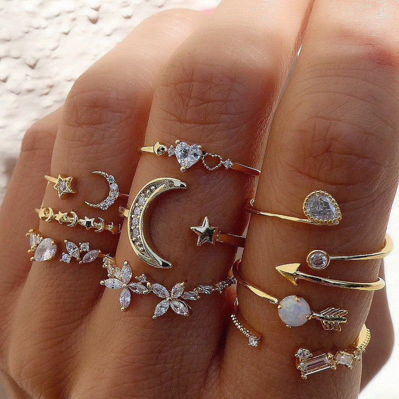 Retro Baroque Butterfly & Flower Pearl Inlay Silver Ring Set