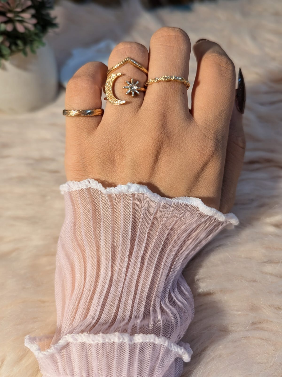 Elegant Gold 4-Piece Ring Set with Moon, Star & Crystal Accents